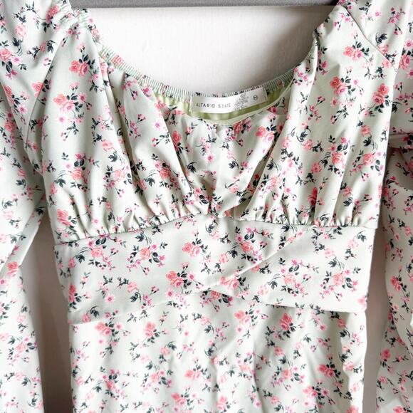 Altar’s State Lola Crossover Mint Green Pink Floral Mini Dress Fit & Flare M - Picture 7 of 16